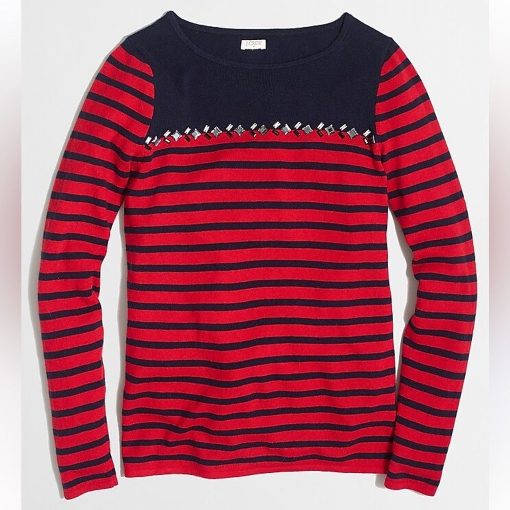 J. Crew Breton-Striped Women's Navy Red Gem Rhinestone sweater wool top Med EUC